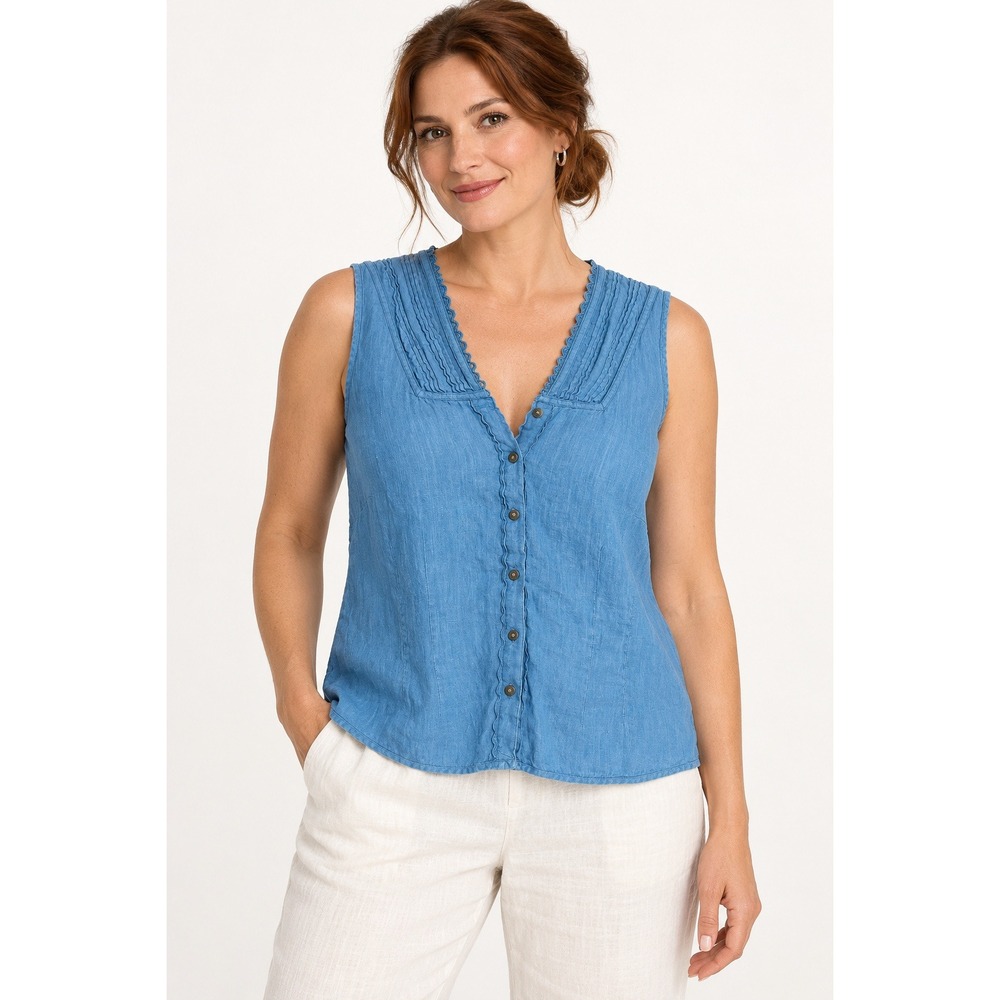 J.Jill Vintage Linen Sleeveless Blouse M Blue Pintuck Scallop Trim Coastal Boho